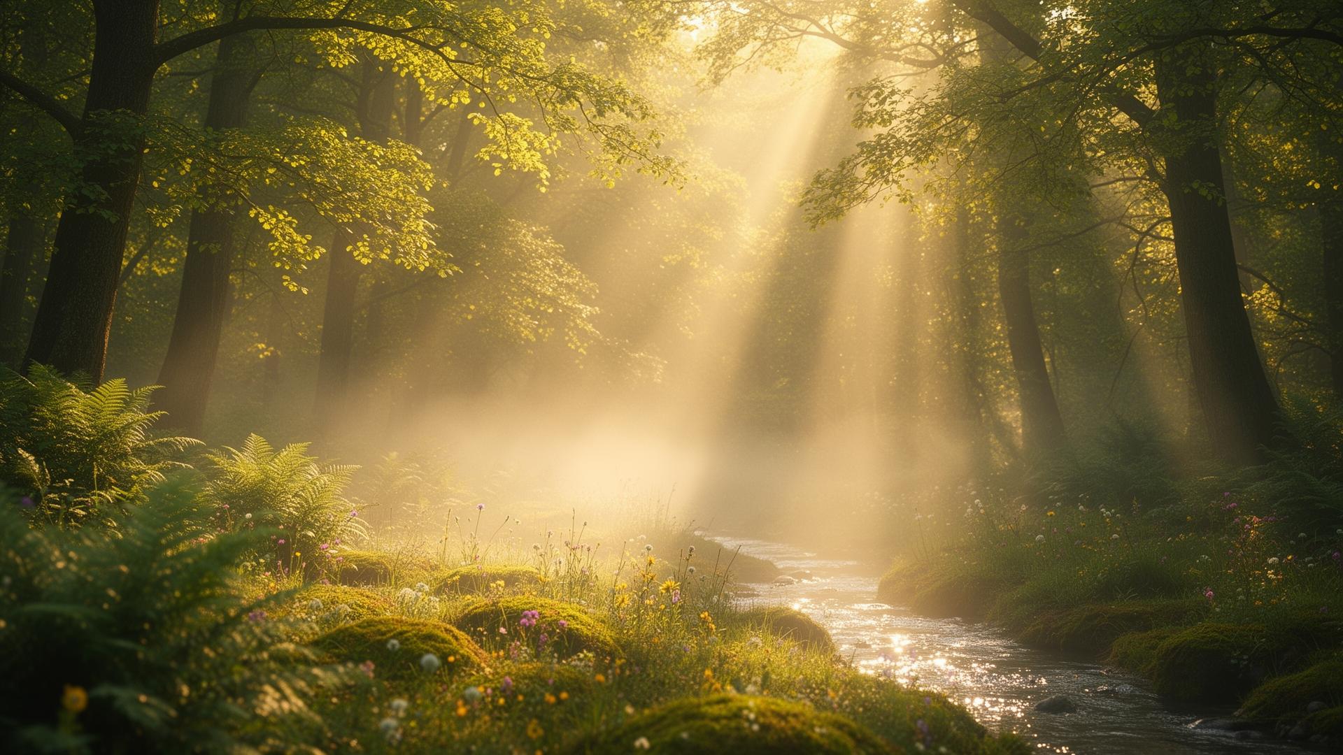 Clairière de forêt baignée de lumière dorée, brume légère et fougères
